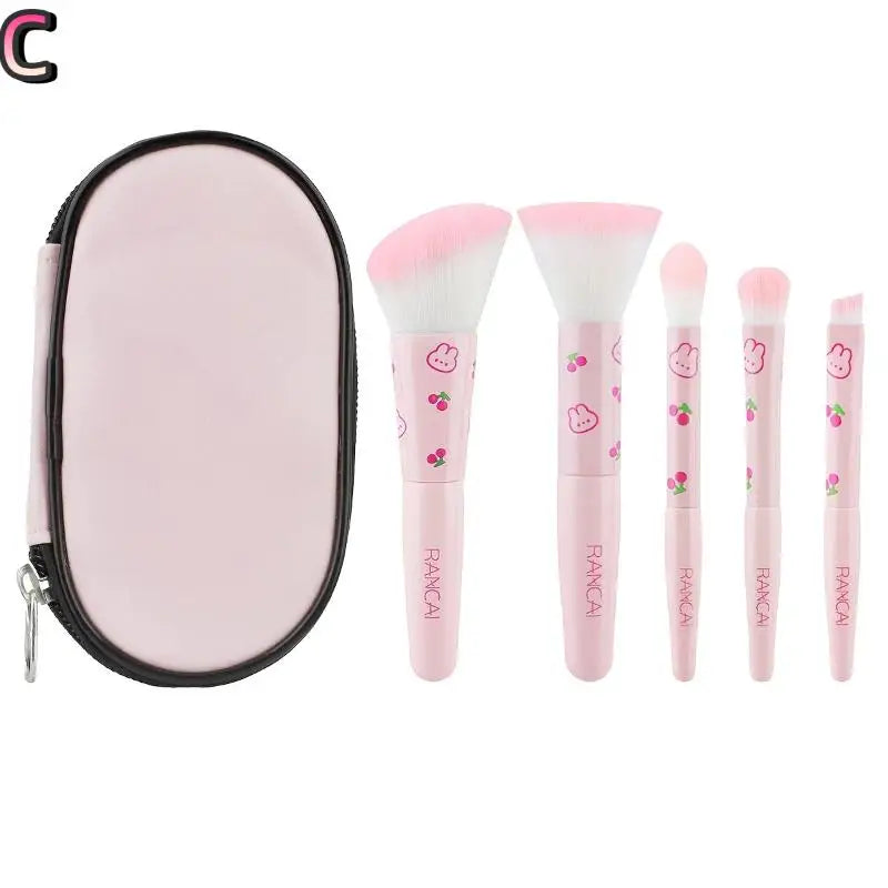 5pcs Cute Compact Makeup Brush Set With Case Premium Brush For Flawless Foundation Blush Eyeshadow Application Beauty Tools