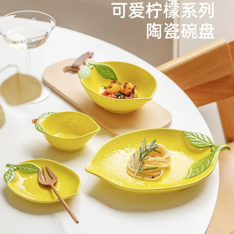 Creative Cartoon Lemon Shaped Ceramic Salad Bowl Soup Bowl Family Fruit Snack Plate Kitchen Utensils Accessories