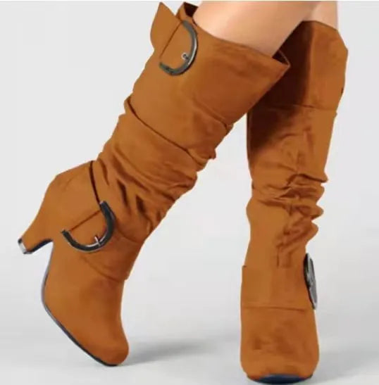 Women's Boots Mid Calf New Fashionable Bohemian Boots Square Heel European and American Belt Buckle Metal Decoration Women Shoes