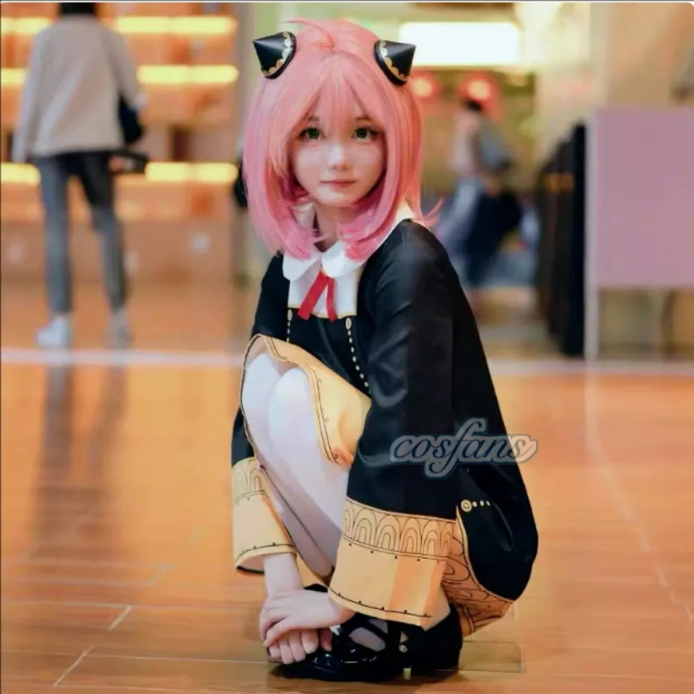 Halloween X Familie Anya Cosplay Costume Kids Adults Black Dress Kawaii Girls Women Dress Pink Wig Party Role Play Outfits