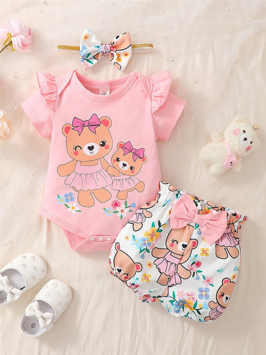 0-2Years Newborn Baby Girl Daily Clothes Set Cartoon Bear Short Sleeve Romper + Shorts with Headband Summer Lovely 3PCS Outfit