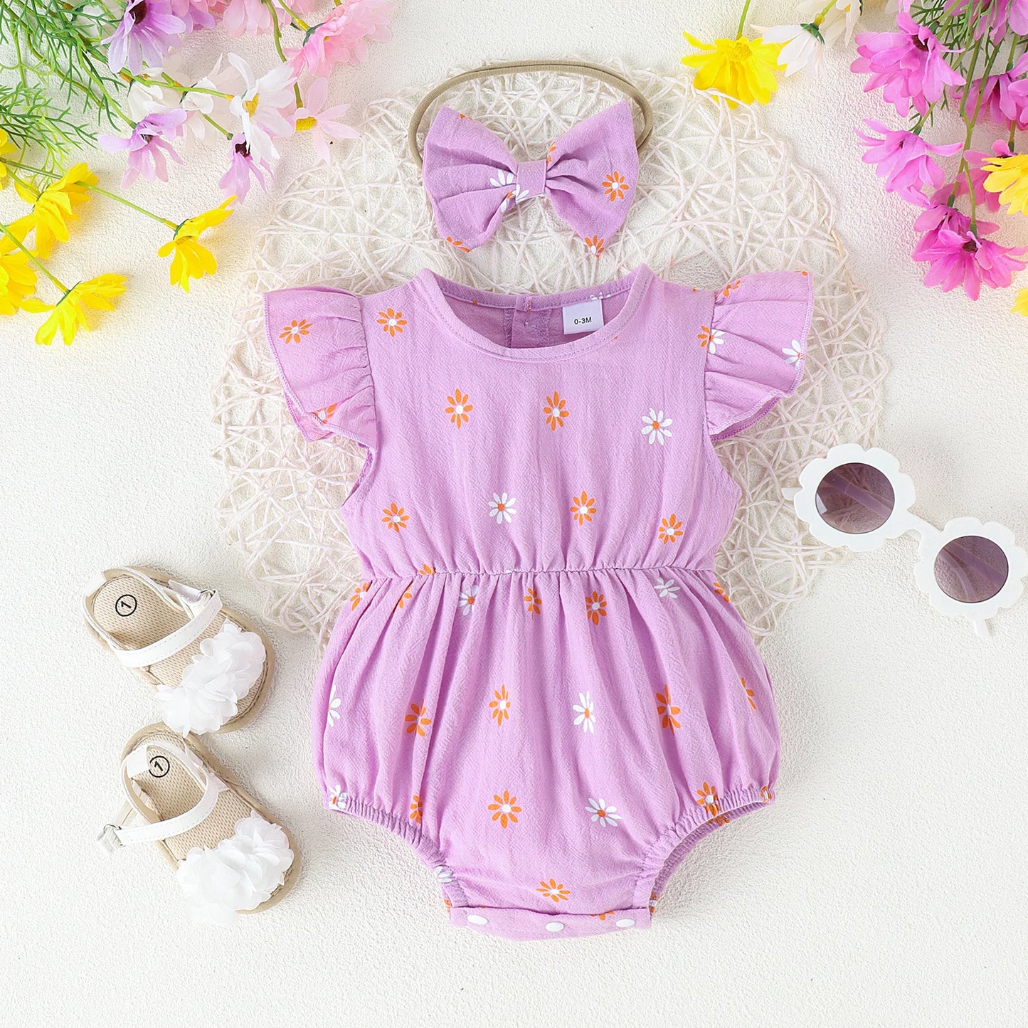 2PCS Summer 0-2 Years Old Comfortable Fashion Cute Baby Girl Multi-Color Printed Flower Jumpsuit + Bow Head Estimate