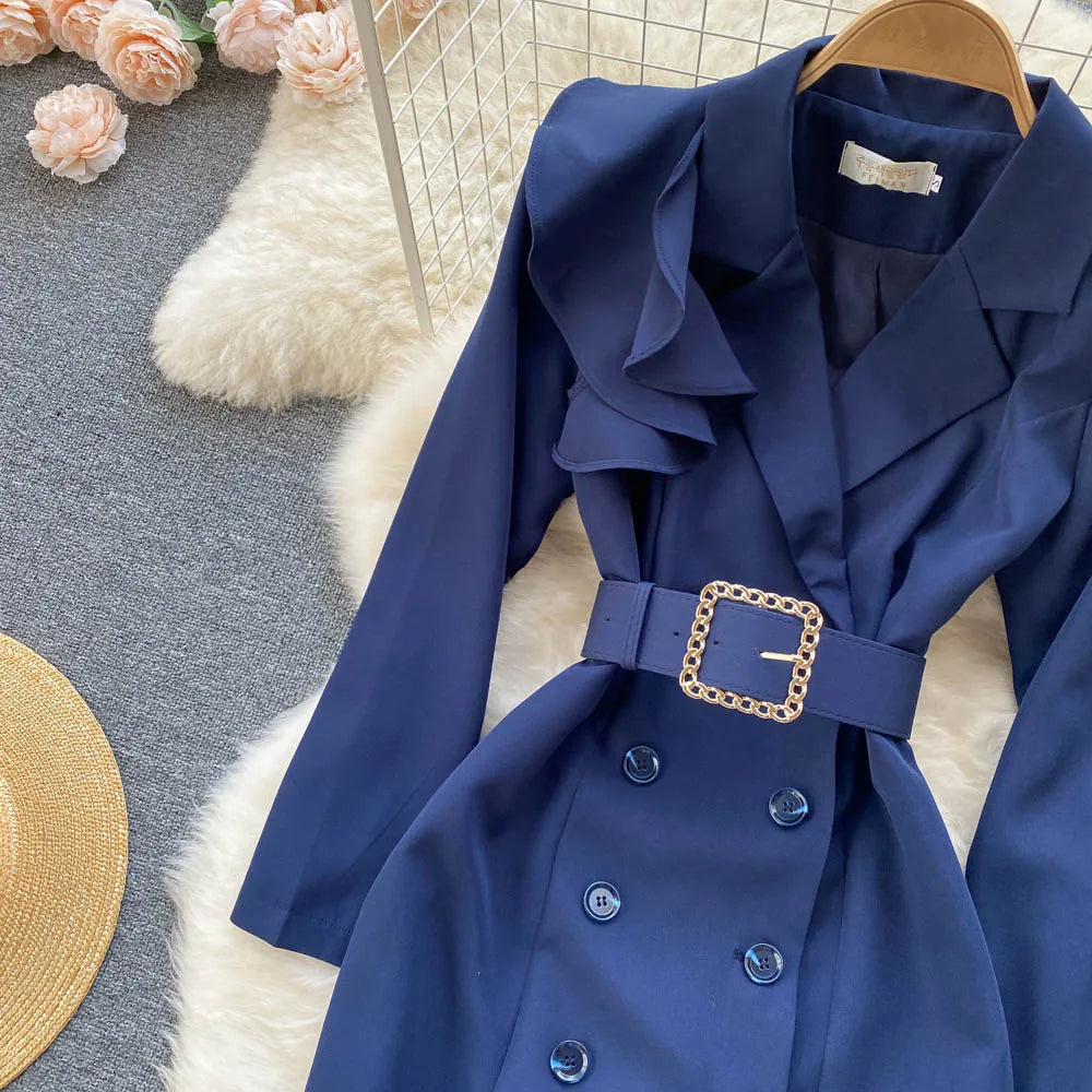 Women Elegant Office Dress Spring Autumn Long Sleeve Fashion Slim with Belt Midi Dresses Vintage Ladies Blazer Dress Vestidos