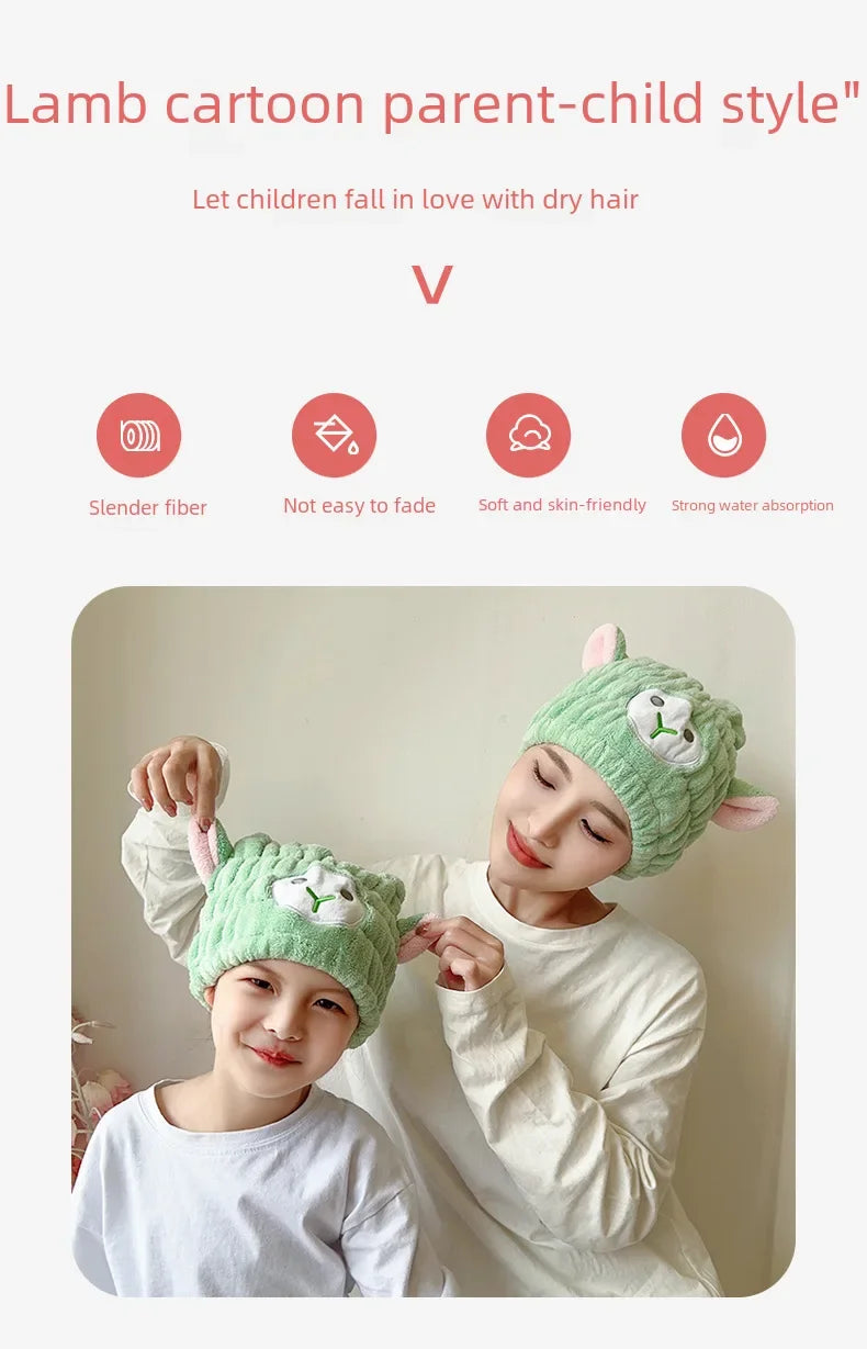 Coral Fleece Cartoon Kids Hair Drying Hat Animal Embroidered Shower Cap Absorbent Quick Dry Tape Cute Bathroom Accessory Soft