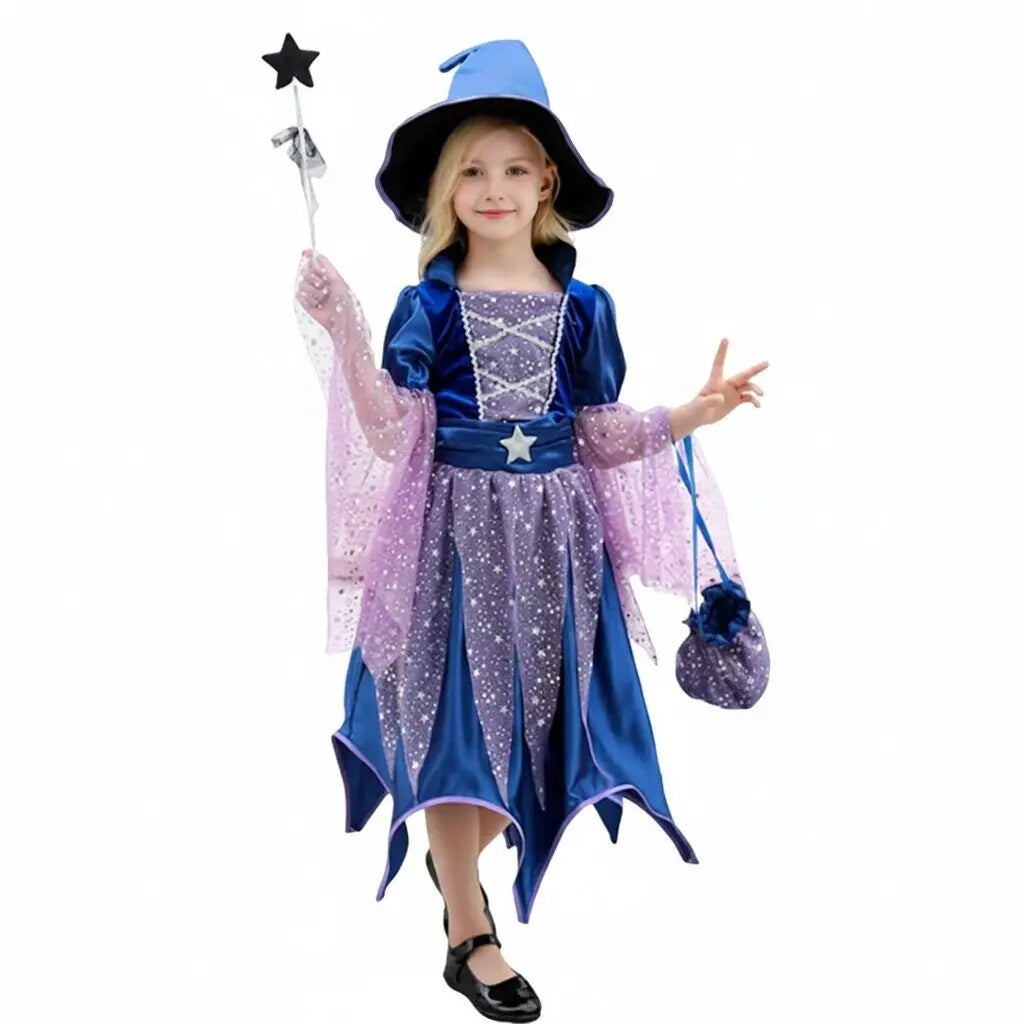 2026 Girls Halloween Cosplay Witch Dress With Hat Bag Costume Carnival Vestidos Kids Party Cosplay Dress Children Costume