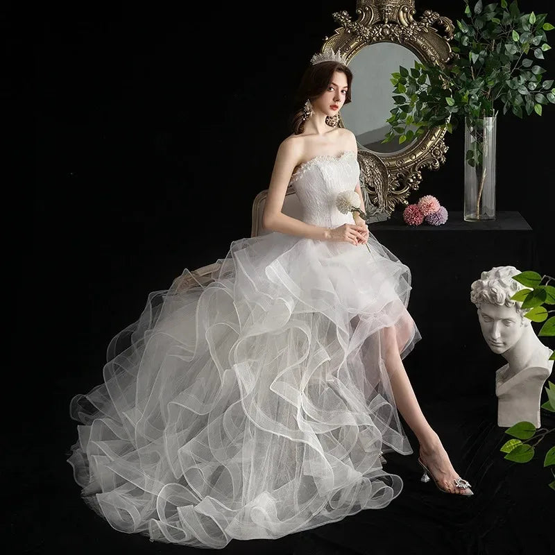New Front Short Long Back Strapless Wedding Dress Sweet Bride Dress