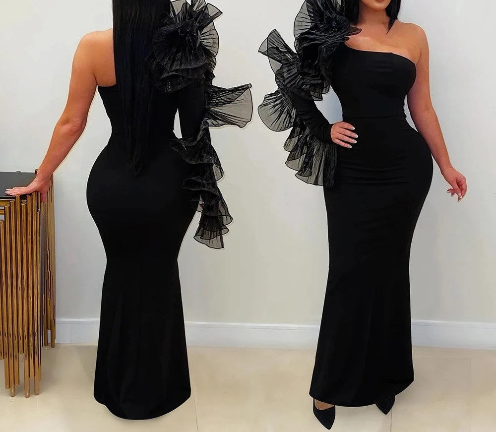 One Shoulder Long Dress Women Elegant Party Dresses Ruffles Sleeve Bodycon Evening Summer Dresses Female Birthday Dress HWY1896