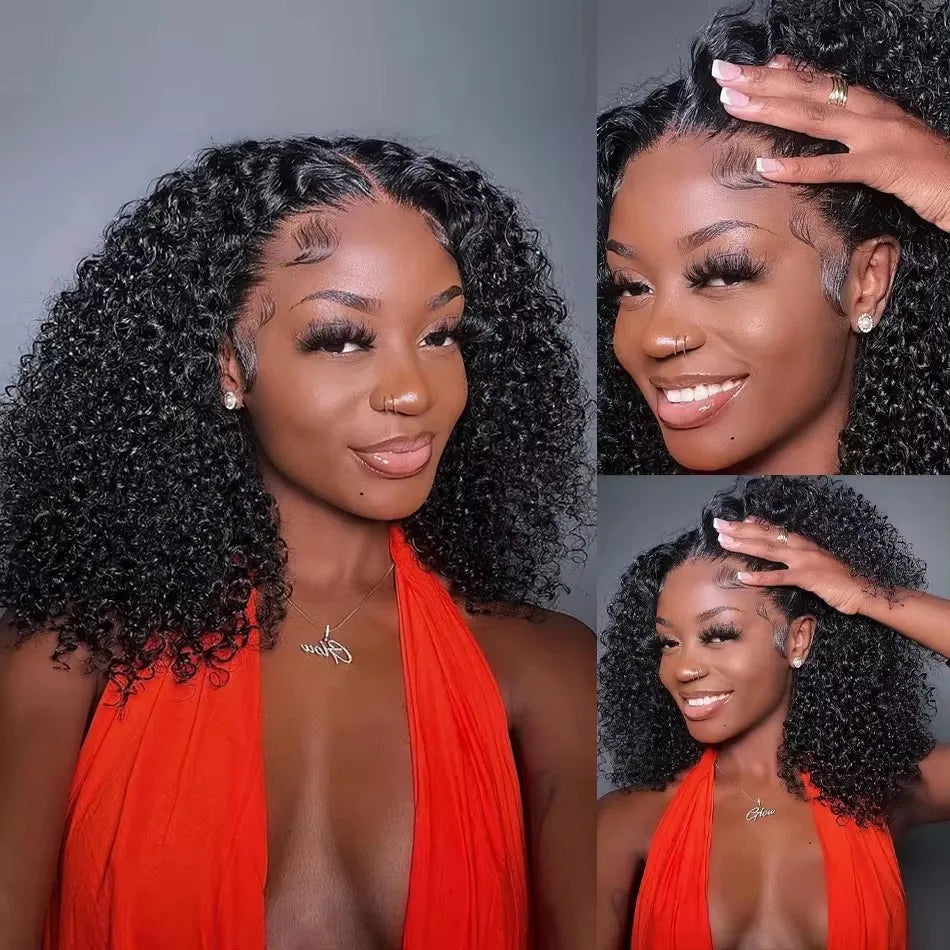 Black Color Short Bob Cut 13X4X1 HD Lace Front Synthetic Wig For Black Women Kinky Curly Preplucked With Baby Hair Soft Hair