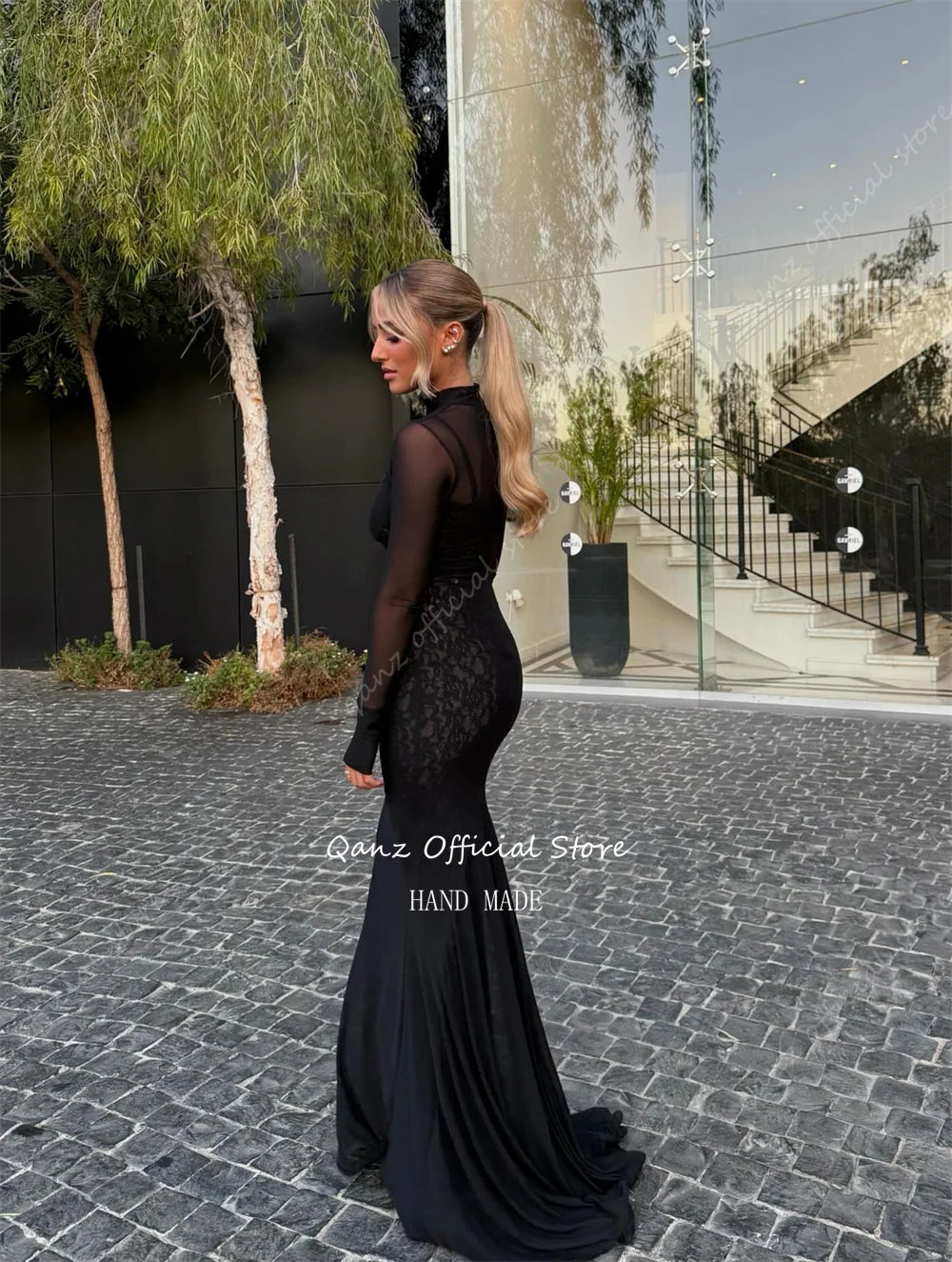 Qanz Modest Black Lace Evening Dresses Sheer Long Sleeves Prom Dress Mermaid Elegant Dresses For Special Event  Customized