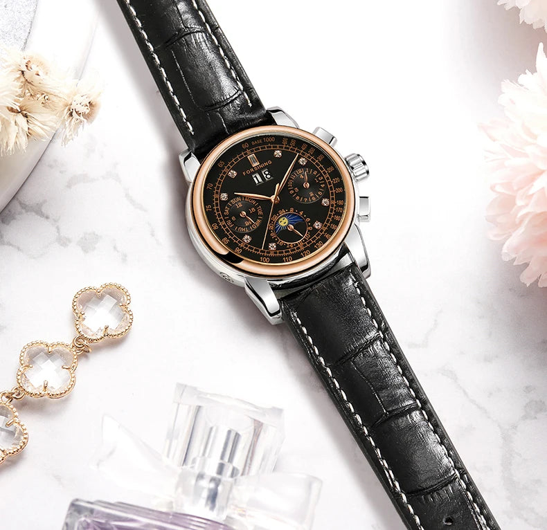 Forsining Fashion Ladies Stainless Steel Case Moon Phase Mechanical Watch Women's Multifunctional Diamond Dial Automatic Clock