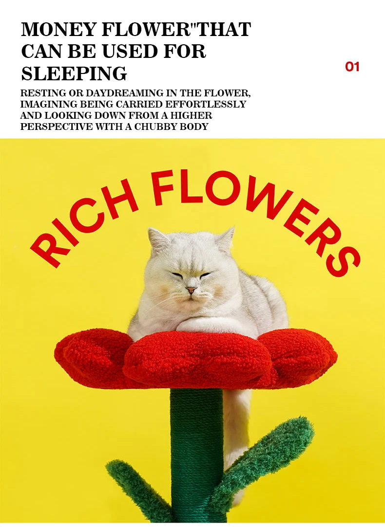 Red Flower Potted Cat Tree with Integrated Cat Bed Below Medium-Sized Cat Tree (Suitable for Cats Under 15 lbs)