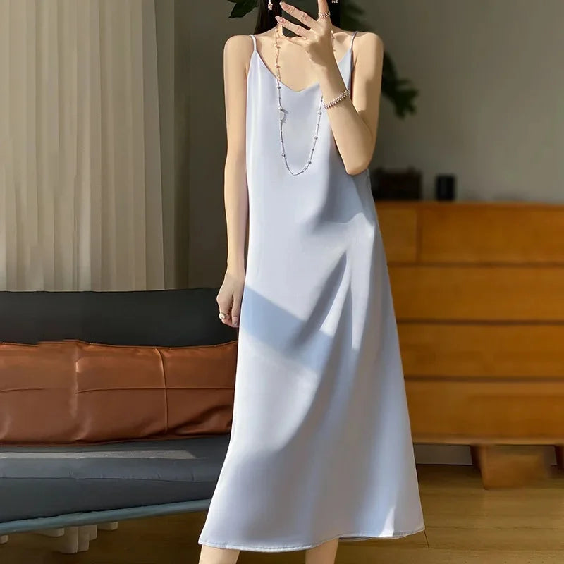 Silk V-neck Slim-fit Satin Dress Sexy Strap Long Gown for Women New 2025 Spring Summer Inner Wear Dress Elegant Lady Dress