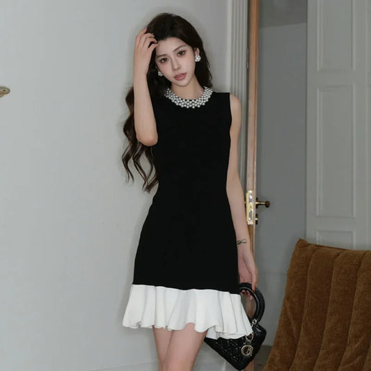 Elegant Pearl Detail Knitted Ice Silk Sleeveless A- Line Dress French Style Summer Dress for Women with Lace Hem Empire Waist