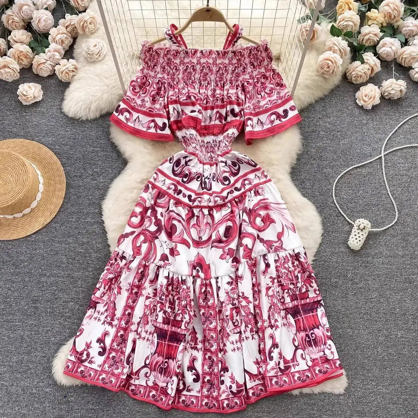 JAMERARY Summer Runway Blue White Porcelain Print Midi Dress Women's Straps Flare Sleeve Elastic Waist Cotton Floral Vestidos