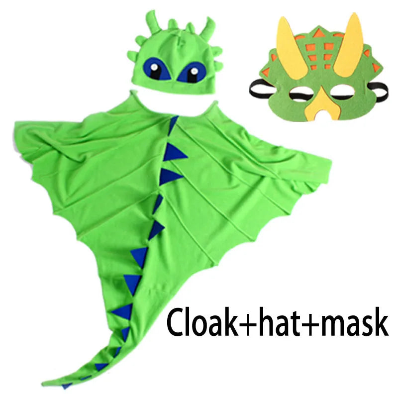 Kids Dragon Cape Costume 3PCS Cloak Hat Mask Set Halloween Carnival Role Play Outfits for Boys Girls School Performance Clothes