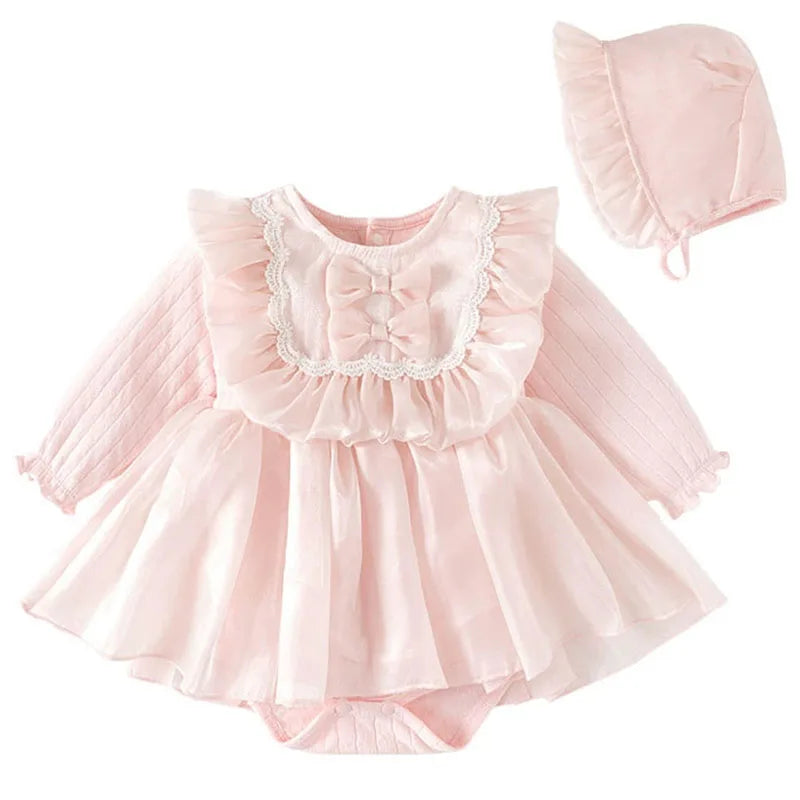 Spring Autumn Newborn Girls Clothes Korean Cute Bow Mesh Cotton Long Sleeve Princess Bodysuits+Hat Baby Boutique Clothing B038