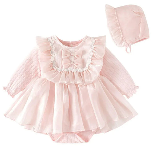 Spring Autumn Newborn Girls Clothes Korean Cute Bow Mesh Cotton Long Sleeve Princess Bodysuits+Hat Baby Boutique Clothing B038