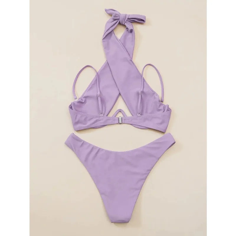 Sexy Bikini Women Cross Halter Underwire Swimsuit Split Push Up Bikini Set Female Bathers Swimming Summer Beachwear Bathing Suit