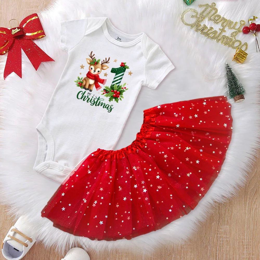 My First Christmas Baby Romper & Tutu Set Deer Print Girls Outfit Infant Baptism  Bodysuit Dress Xmas Outfits Skirt 2pcs