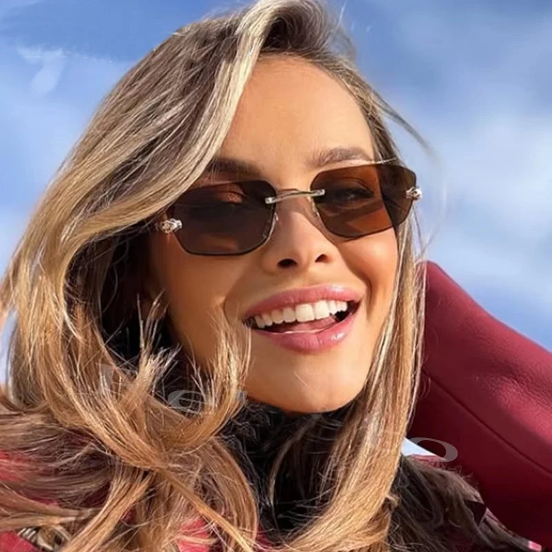 Popular Brand Brown Square Women Sunglasses Fashion Luxury Rimless Rectangle Sun Glasses Female Shades UV400 Vintage Eyewear