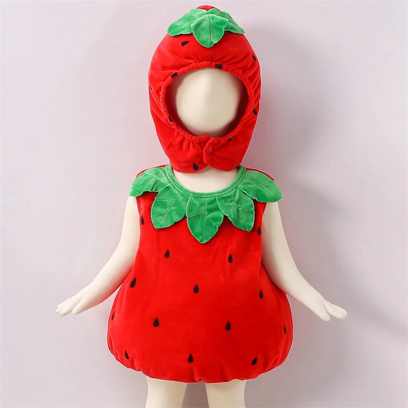 Infant Unisex Baby Halloween Costume Fruits Bodysuit Sleeveless Leaf Trim Strawberry Shape Romper with Hat