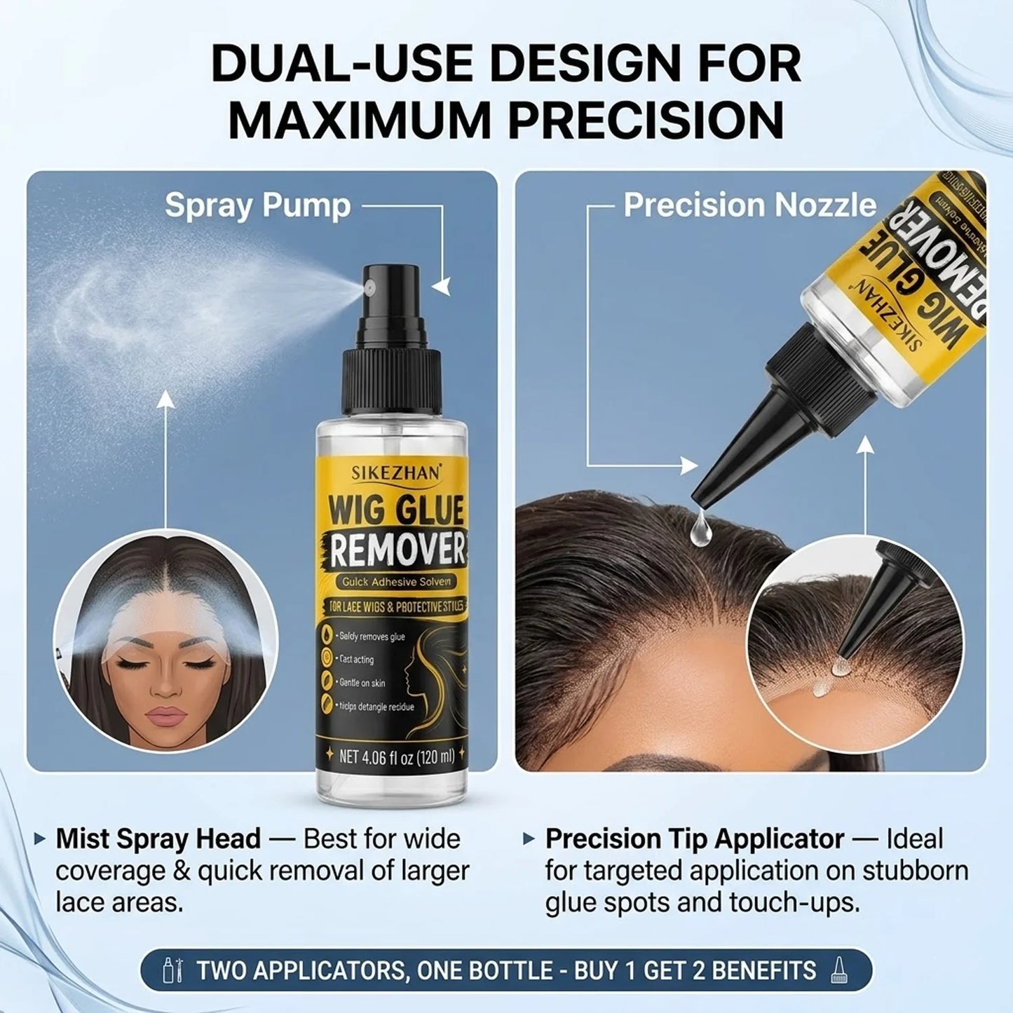 SIKEZHAN 120ml Wig Glue Remover Gentle Citrus Lace Adhesive Solvent Spray with Precision Tip for Toupee Hair Extension Tape