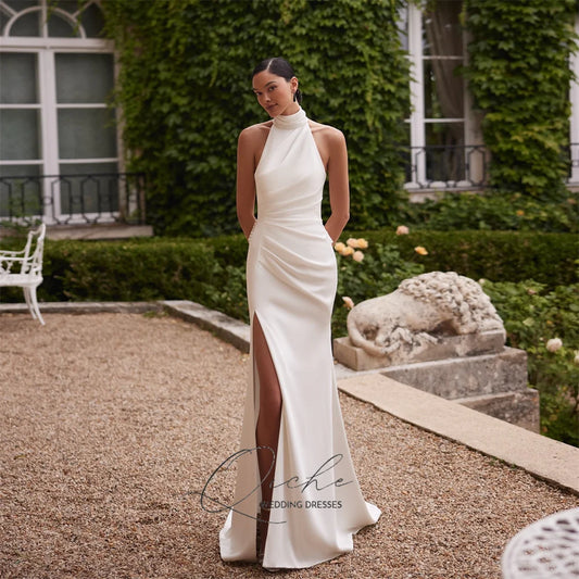 QICHE Elegant High Collar Pleat Mermaid Wedding Dress Women Sleeveless Open Back High Side Split Buttons Bridal Gown Customized