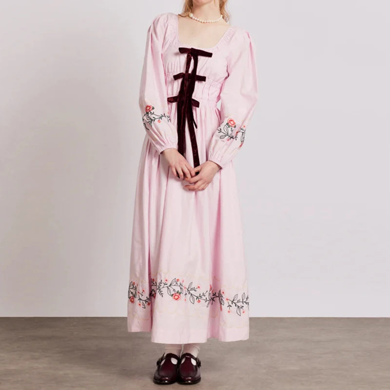 Women's 2024 Summer Boho Square Neck Front Bow Midi Dress Lady Vintage Puff Long Sleeve Plaid Ruffle Backless Maxi Dress