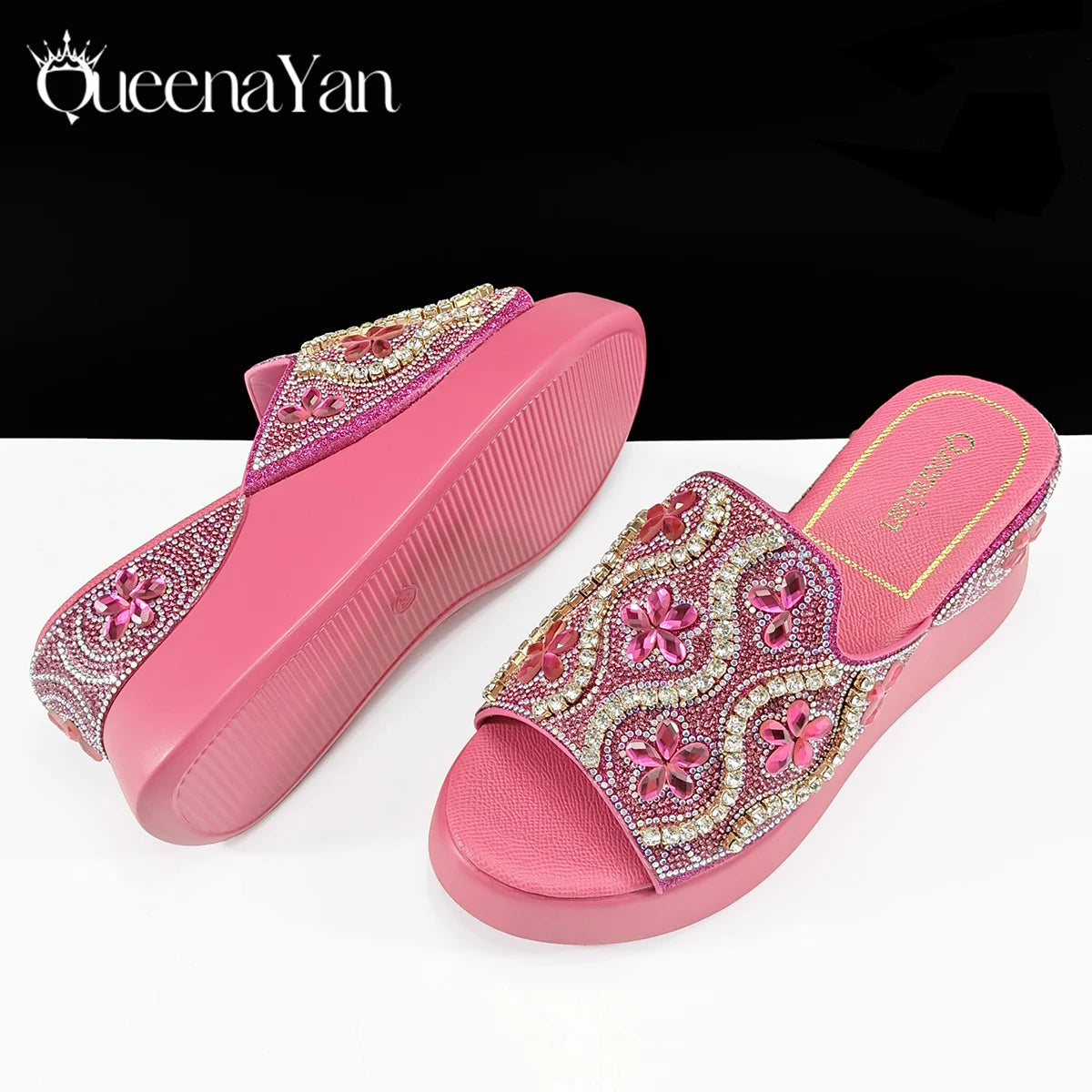 Queena Yan Popularity Open Toe Luxury Fashion Women High Heels Shoes and Bags Set With Rhinestone for  Wedding Party Elegant