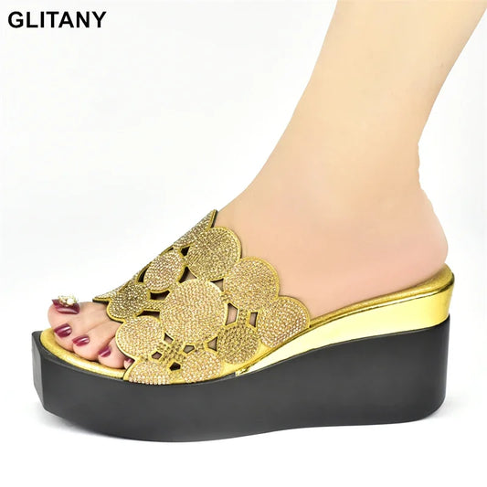 New Fashion Lady Shoes with Rhinestone Crystal Design Open Toe Sexy Nigerian Ladies Shoes Party Wedding Shoes Slippers Pumps