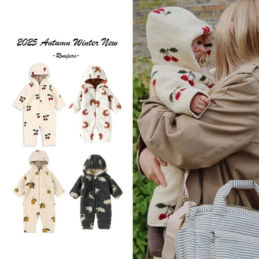 2025 Winter Long Sleeve Baby Fleece Hooded Jumpsuit Cherry Print Infant Warm Romper Crawling Outfit Newborn Clothes