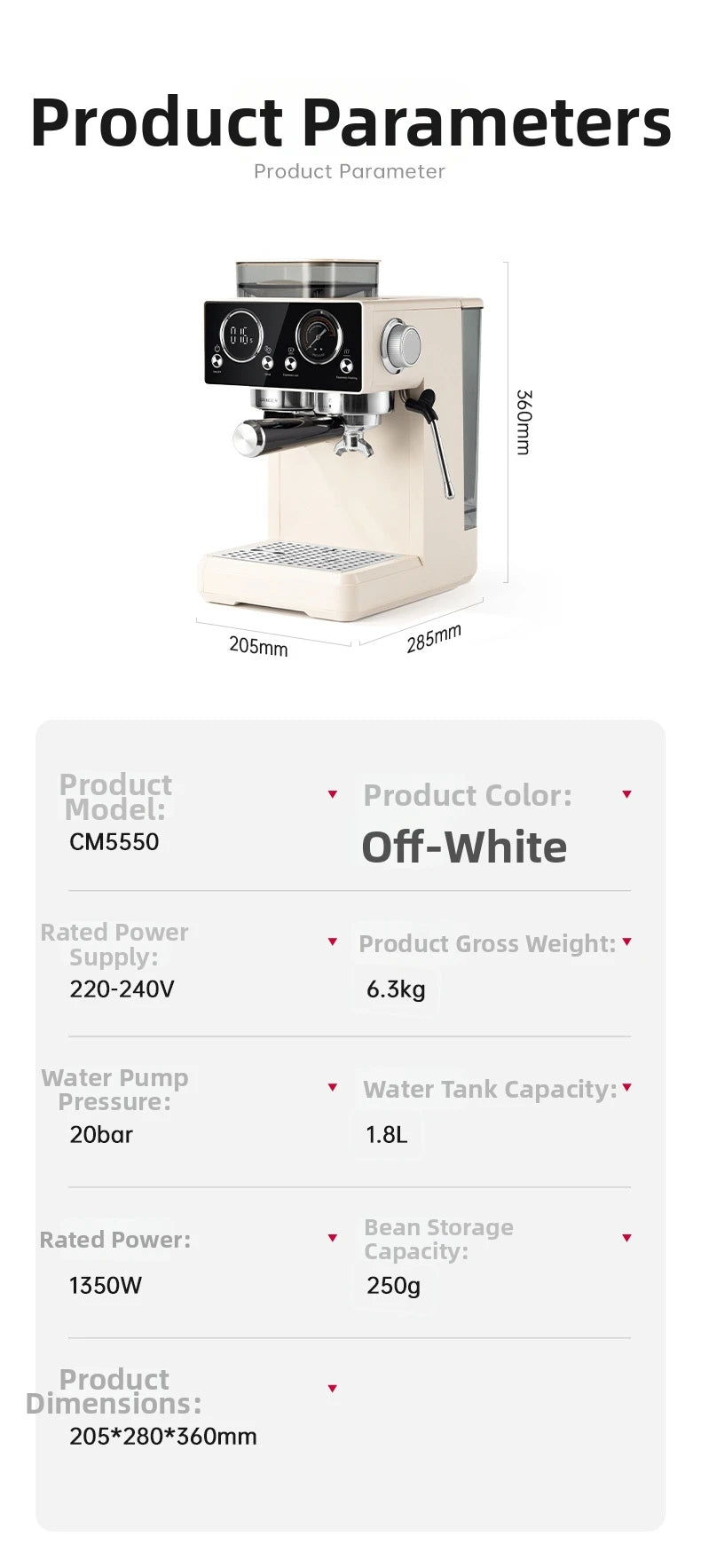 20Bar Semi-Auto Espresso Machine Smart Touch Control with Built-in Grinder, Cold/Hot Brew, Milk Frother for Home/Office