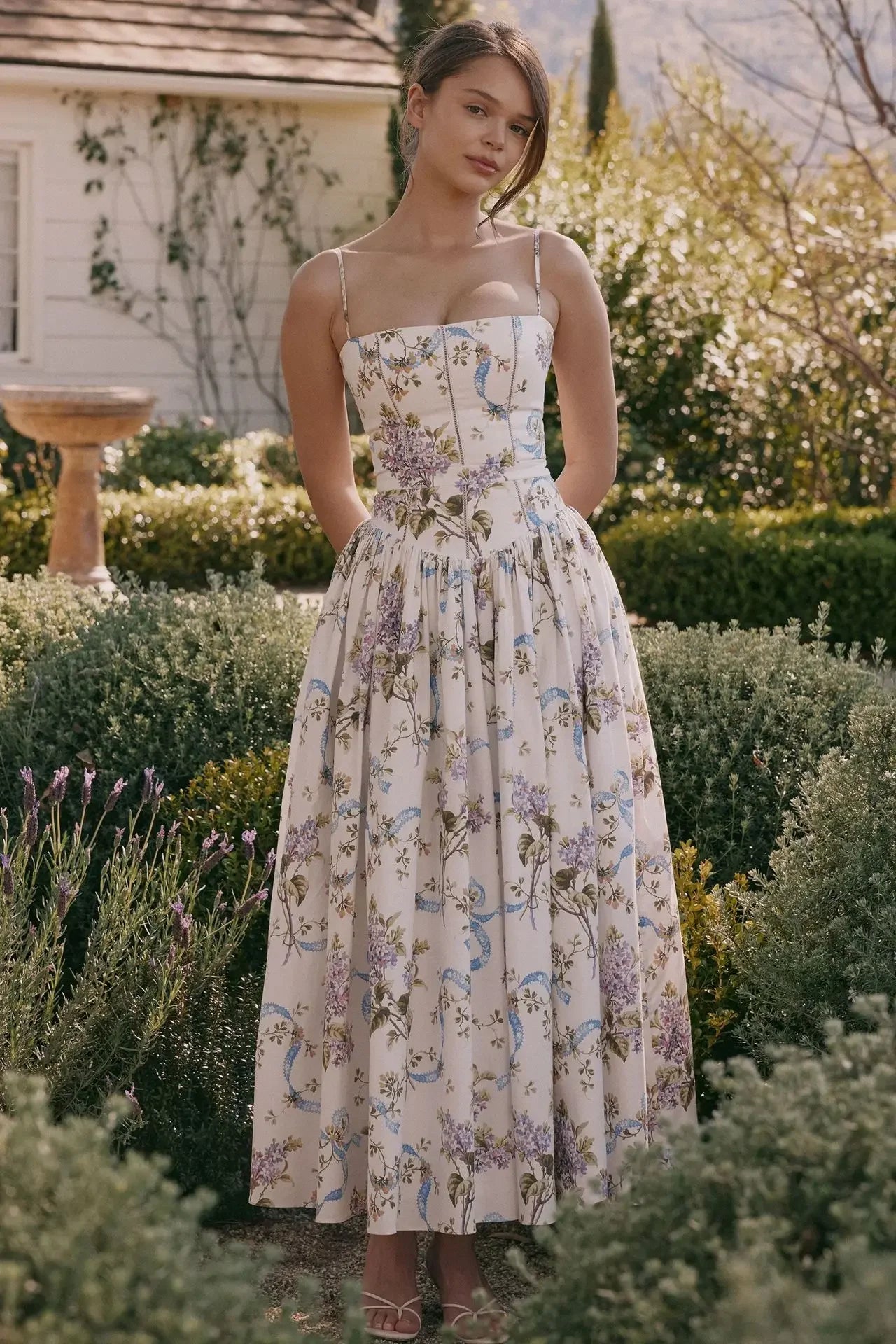 Elegant Fairylike French Style Gentle Floral Print Strapless Midi Dress Slimming Women's Fashion High End Feeling Dress