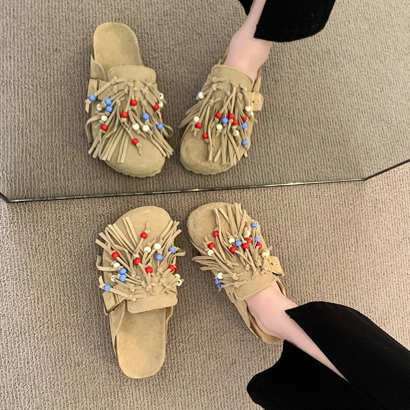 2025 Women Mules Shoes Flats Suede Women's Sandals Fringes Summer Fashion Slippers Walking Dress Cozy