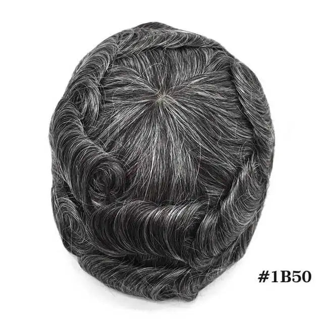 Men Toupee Lace NPU Human Hair Wig Indian Human Hair System Male Hairpiece Natural Wave Hair Pre-Plucked Hairline With Grey Hair