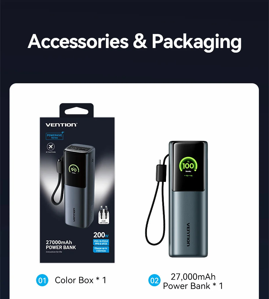Vention 200W 27000mAh Power Bank Build-in Retractable USB-C Cable Portable External Battery Charger For Laptop Smart TFT Display