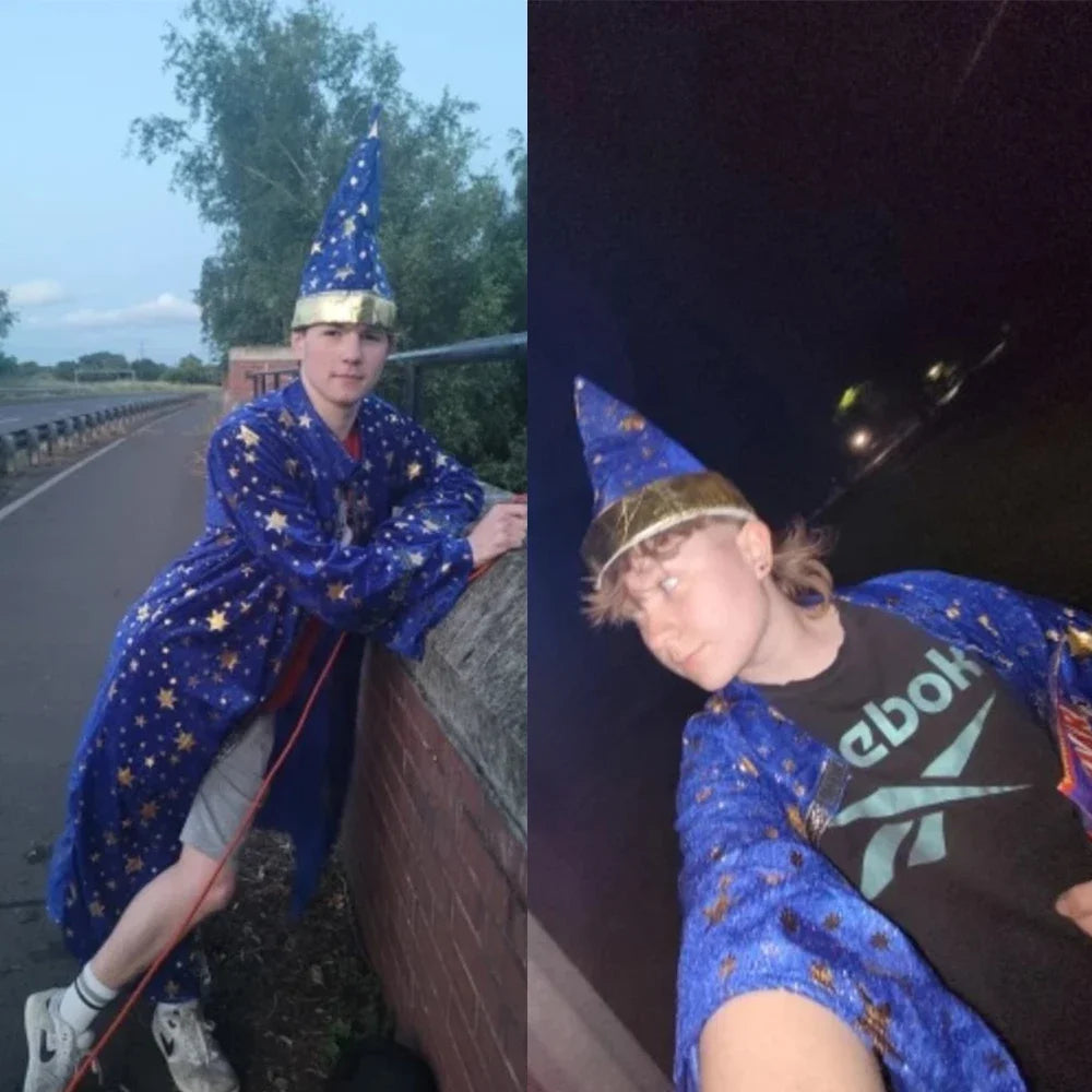 Halloween Wizard Set Includes Hat, Robe, Cloak, Magician Costume, Unisex Cloak, Vampire Costume, Blue Star and Moon Magic Magici
