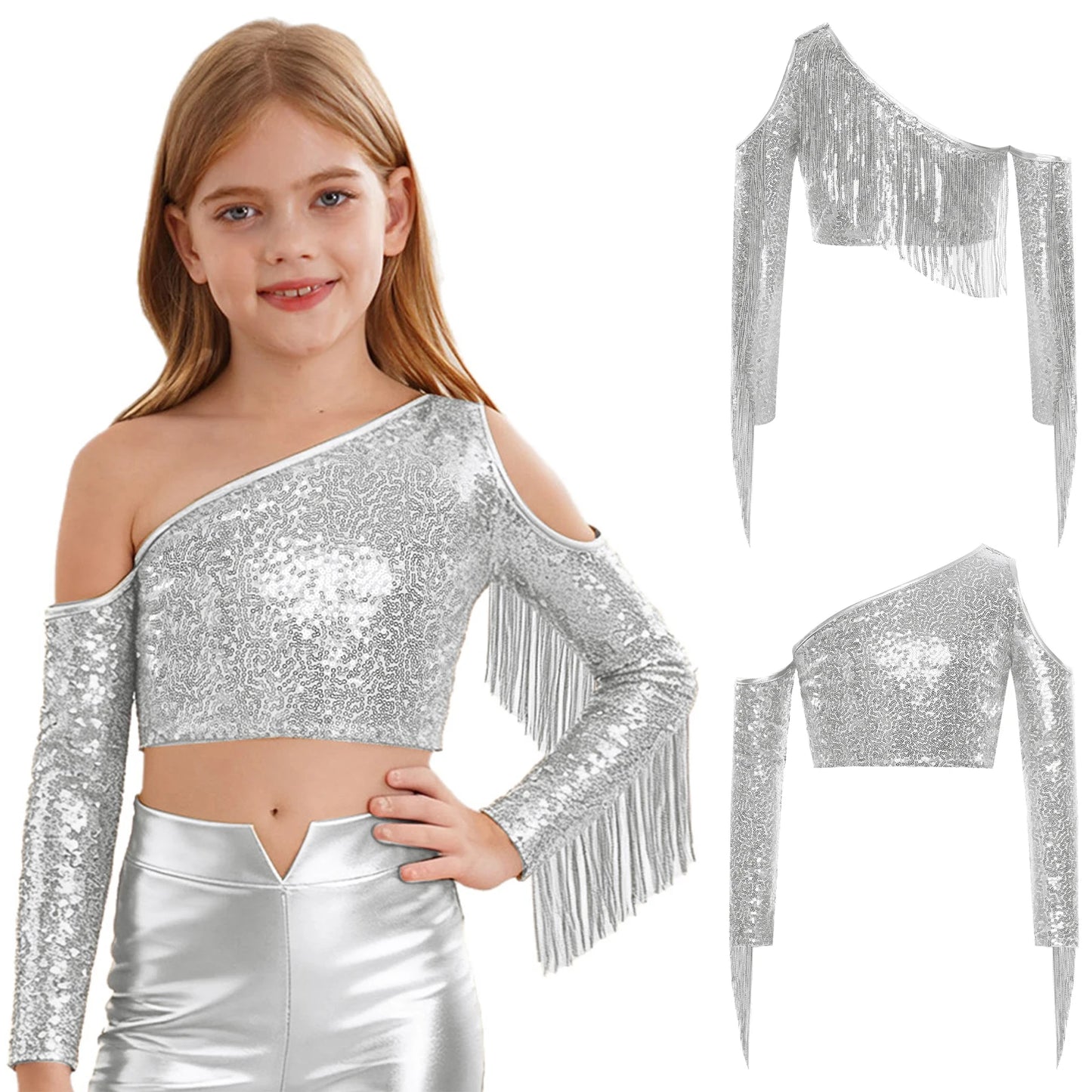 Children's One Shoulder Tassels Tops Streetwear Kids Girls Sequins Crop Top T-shirts Fashion Shiny Stage Performance Costume
