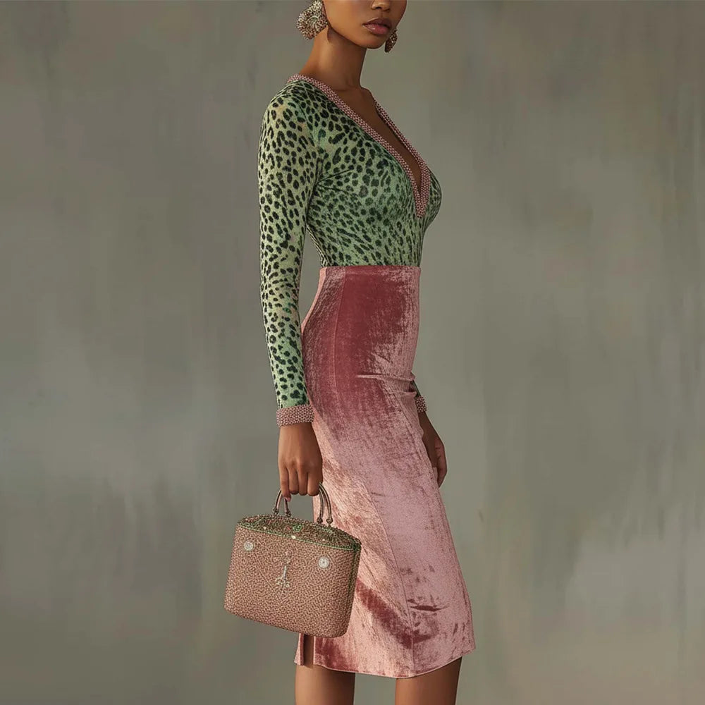 Spring And Autumn New Comfortable Casual Dress Women's Sexy V-neck Stitching Slim Wrap Hip High-waisted Long-sleeved Dresses