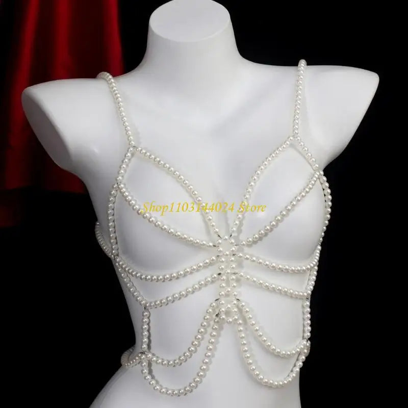 Modern Faux Pearls Body Necklace for Women Adjustable Strap Shoulder Chain Great for Celebrations and Day to Day Fashion