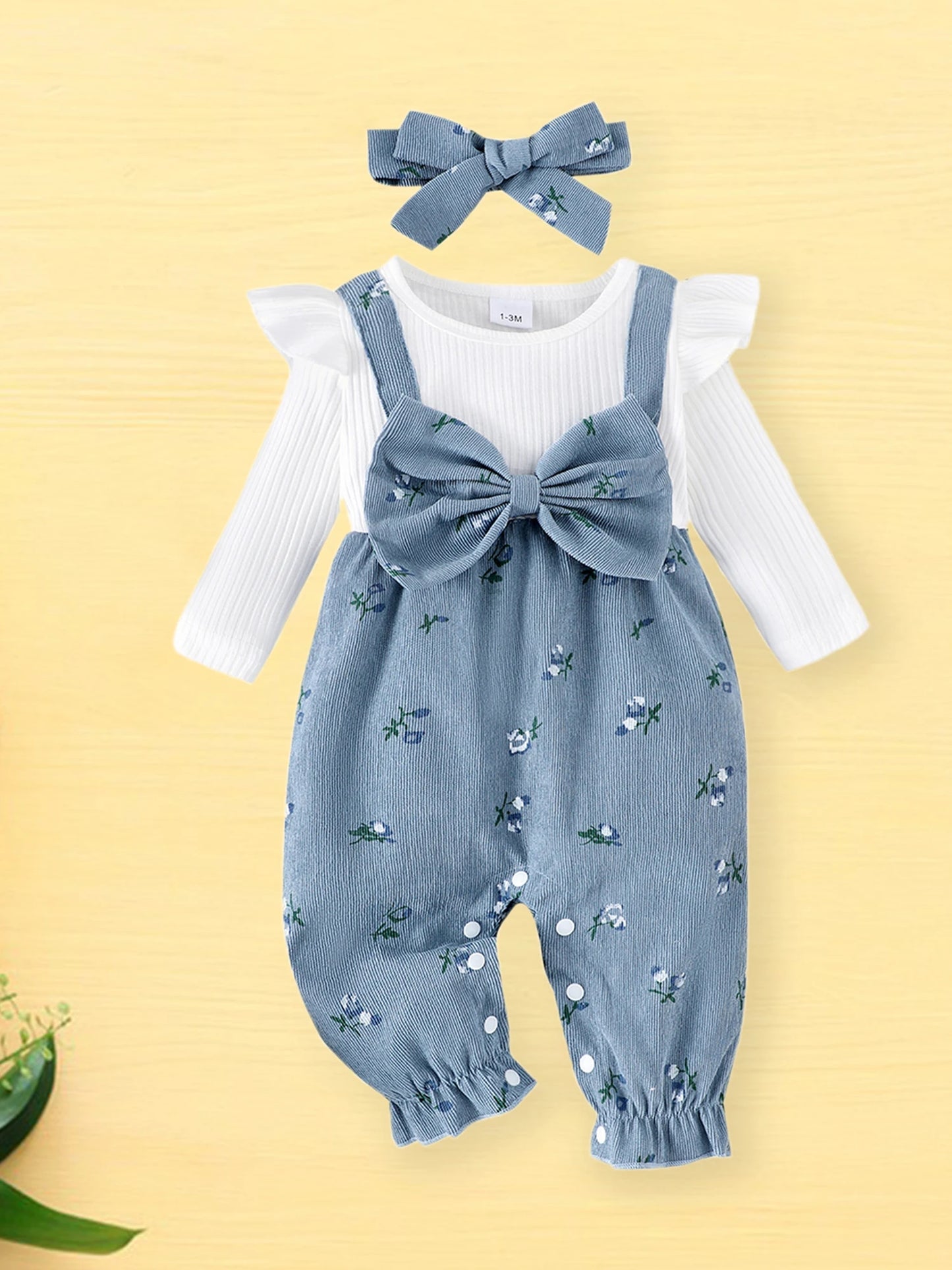 Sweety Baby Girls Long Sleeve Romper Floral Print Fake Two Pieces Patchwork Bow Jumpsuits Headband Set