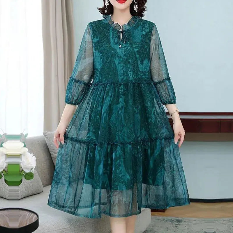 Summer New Casual Half Sleeve Midi Dress Vintage Printed Women's Clothing Ruffles Spliced Stylish Drawstring Loose Gauze Dresses