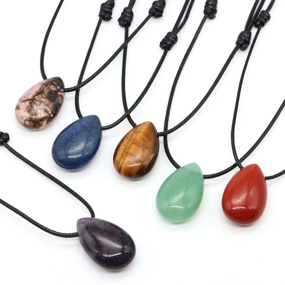Natural Stone Water Drop Shape Necklace Pendant Rose Quartz Amethyst Lapis Lazuli Healing Crystal Gemstone Charm Jewelry Gifts
