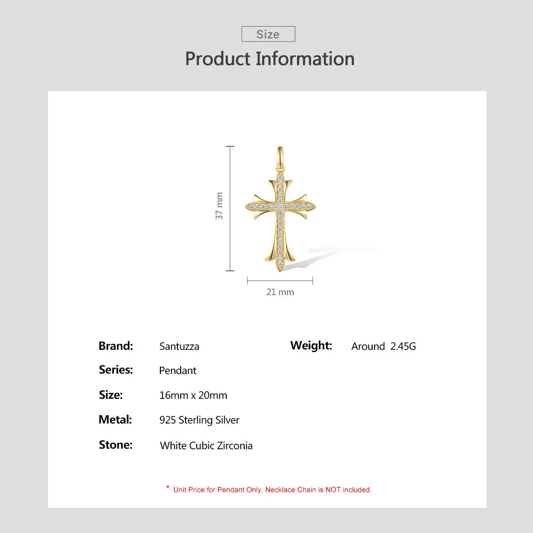 SANTUZZA Authentic 925 Sterling Silver Pendant For Women Sparkling White Cubic Zirconia Elegant Cross Wedding Gift Fine Jewelry