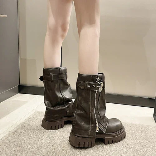 2025 Winter Designer Women Mid-calf Boots Western Short Boots Belt Buckle Soft Leather Boots Fashion Thick Bottom Platform Shoes