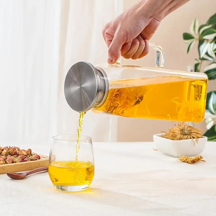 JUSTINLAU 1.2/2L Cold Water Jug High Borosilicate Glass Water Pitcher for Steamed Juice Fruit& Iced Tea Home Kitchen Accessories
