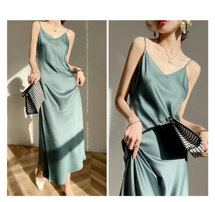 Silk V-neck Slim-fit Satin Dress Sexy Strap Long Gown for Women New 2025 Spring Summer Inner Wear Dress Elegant Lady Dress
