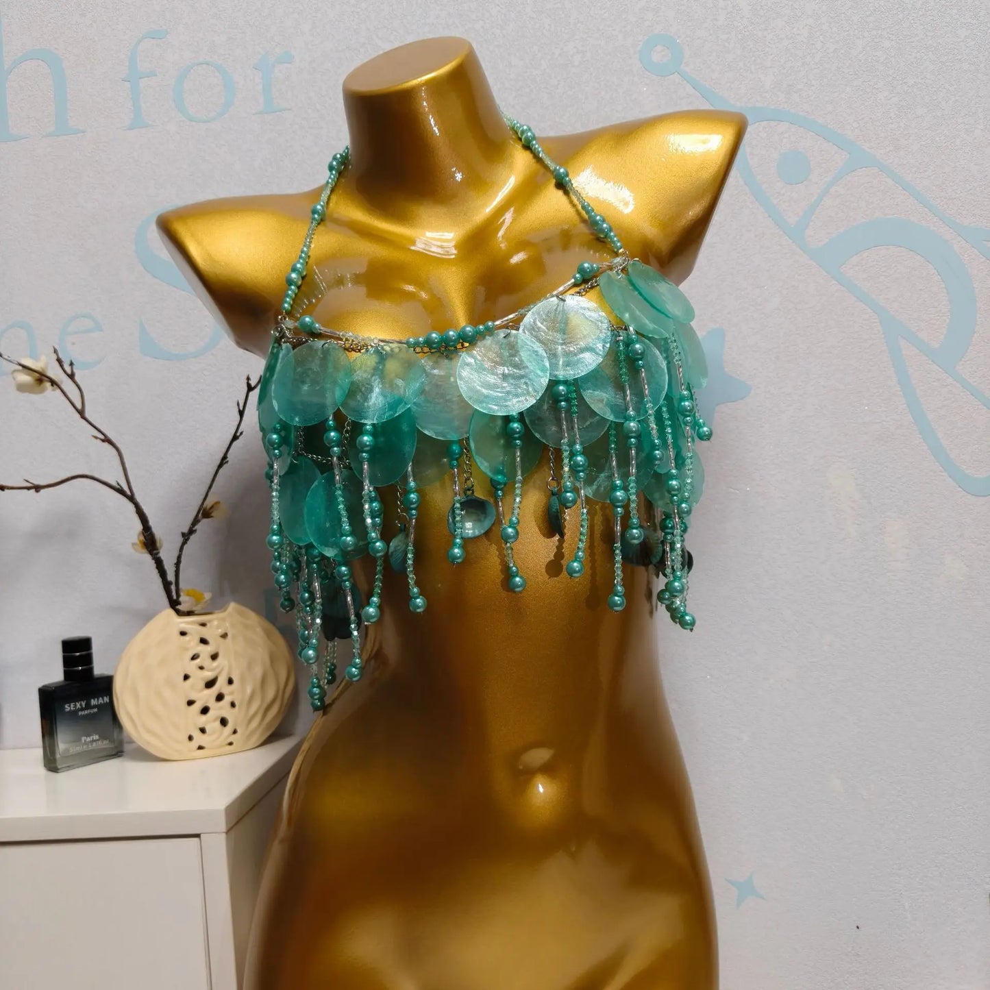 Handmade Sparkly Bohemian Mermaid Shell Beaded Halter Top Women Summer Beach Party Vacation Rave Outfit Sequins Beaded Bra Tops