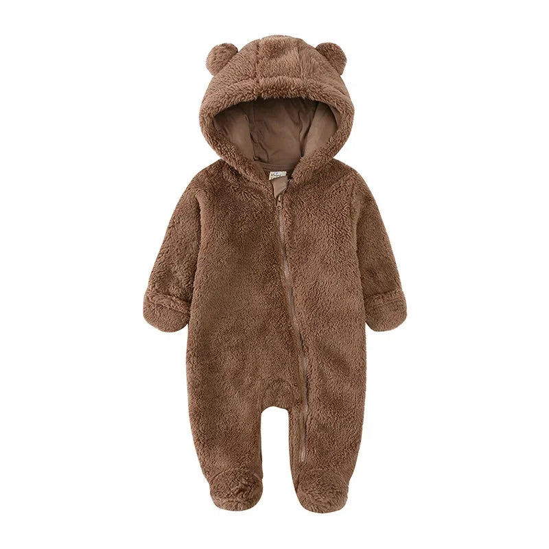 2025 Warm Footed Baby Romper Zipper Closure Fall Newborn Bear Ear Hooded Fuzzy Onesie Outfit Infant Boys Girls 100 Days Jumpsuit