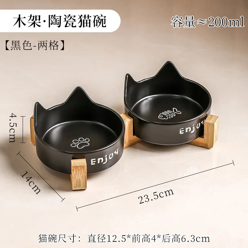 Ceramic Double Bowl Pet Cat Bowl Anti-Slip Heightened Bamboo Table Feeding Bowl Pet Supplies Water Feeders Small Dogs Supplies
